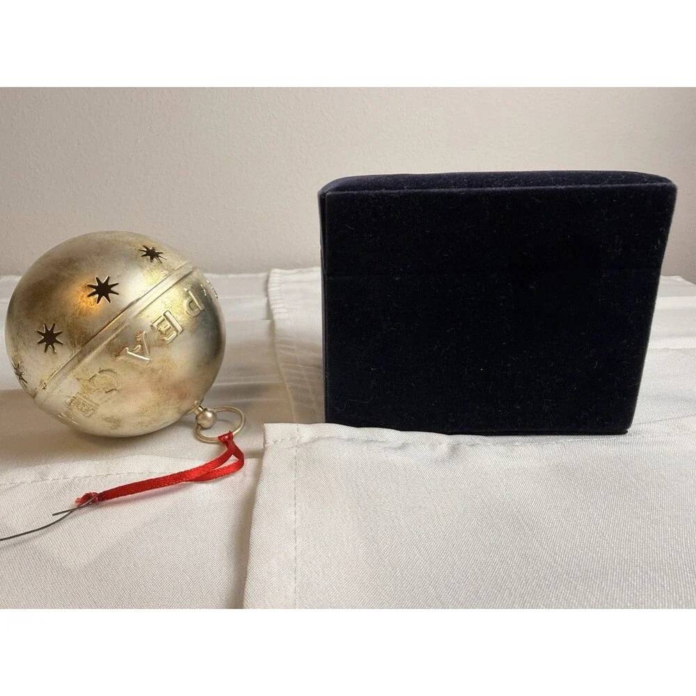 Holiday Home Peace Ball Christmas Ornament, Silver Metal Stars, Hanging, Box